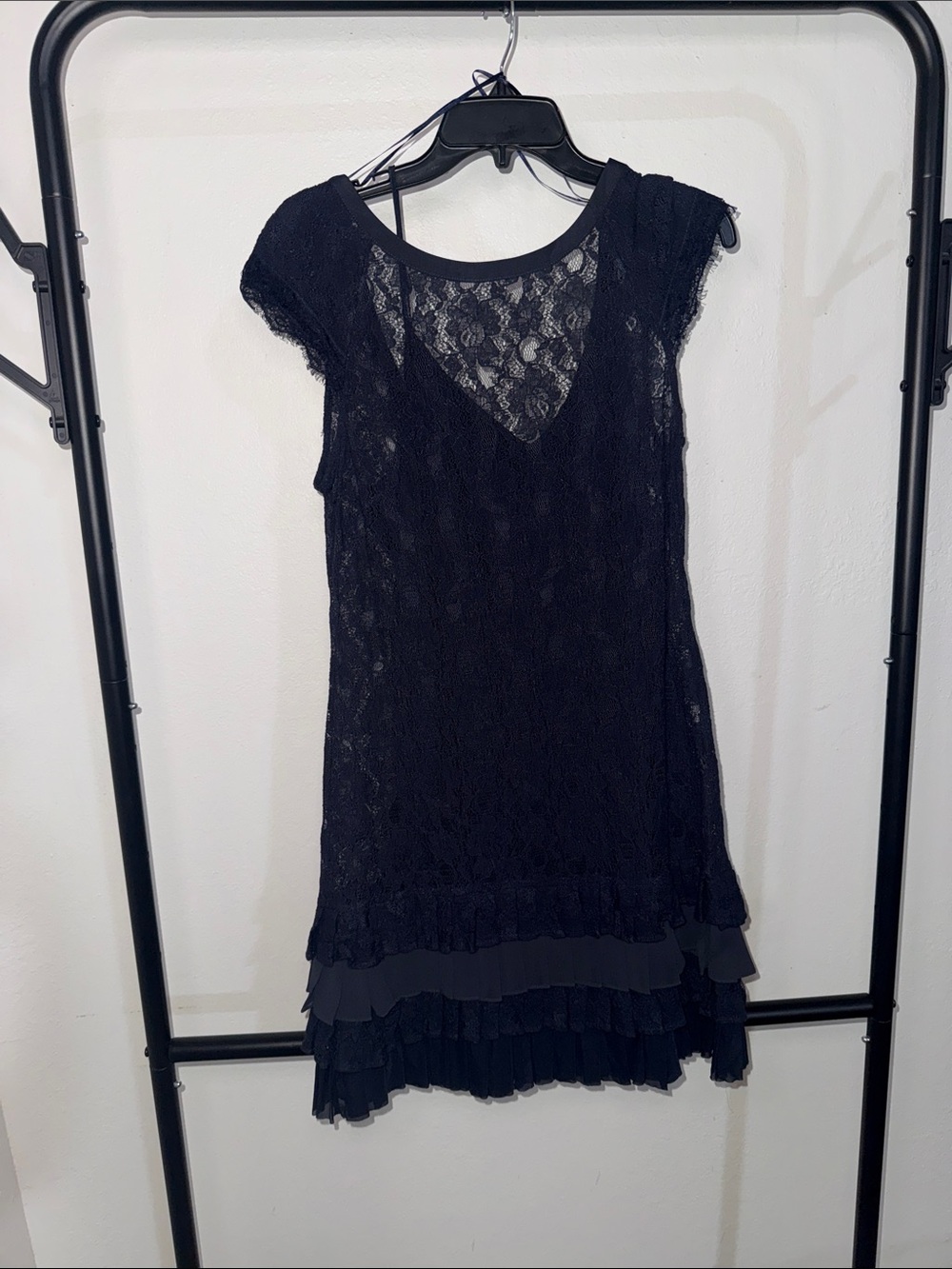 Women's Navy Lace Short Dress with Tiered Hem